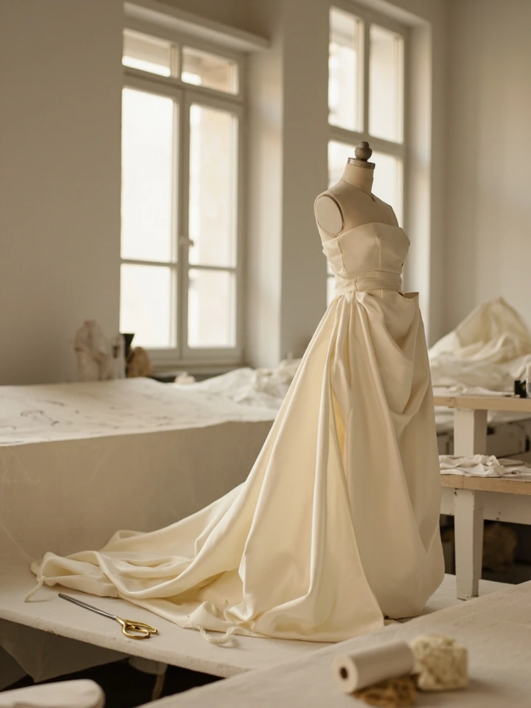 Vue intérieure de l'atelier de haute couture au 12 rue de Seine